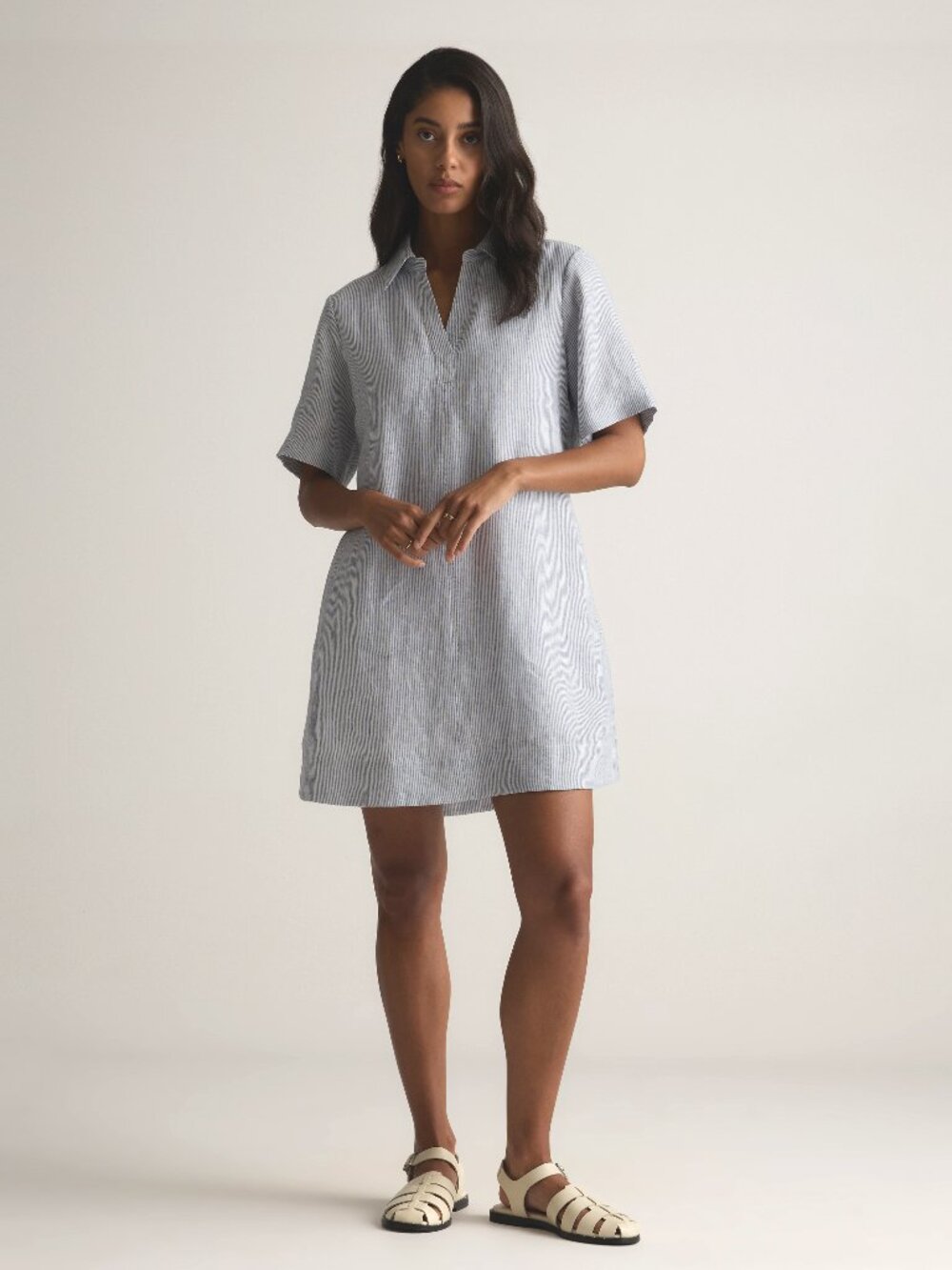 QUINCE 100% European Linen Popover Mini Dress Blue/White pinstripe Medium